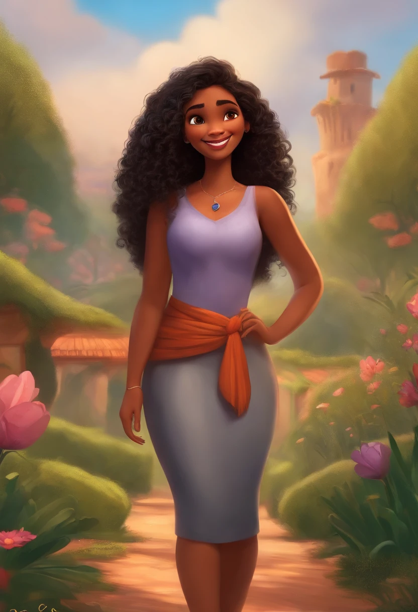 desenho estilo pixar da disney, mulher dos cabelos longos, olhos escuros, pele branca, cabelo liso, maxilar marcado e mais quadrado, sorriso bonito, andando no parque