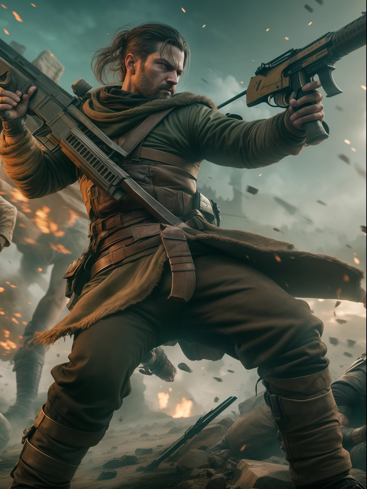best quality, 4k, HDR, ultra-detailed, visually stunning, dynamic action, intense battle scenes, realistic characters, detailed weapons, immersive landscapes, vibrant colors, dramatic lighting, epic moments