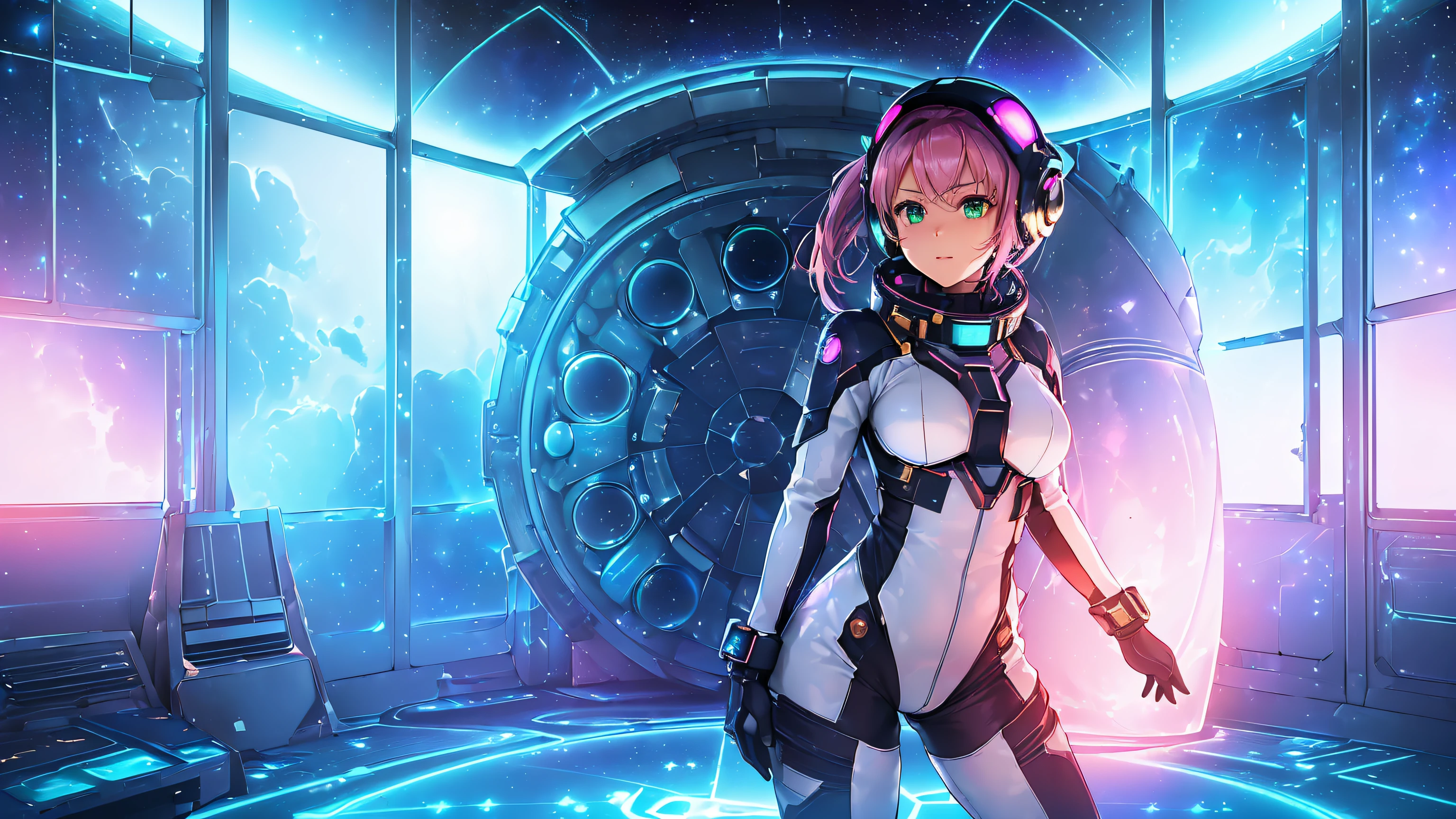 hd masterpiece, anime girl, 1girl ((20year old, dressed in a futuristic tight spacesuit, boots, medium breasts:1.1, multicolor pink hair, twin ponytails, perfect model body:1.3, detailed green eyes:1.5, wearing futuristic space helmet, looking toward viewer, standing in a space station observatory room with windows showing a galaxy of stars and nebula:1.2, mid shot:1.4, fun and exciting atmosphere:1.2)) ((solo:1.7)) ((galaxy))