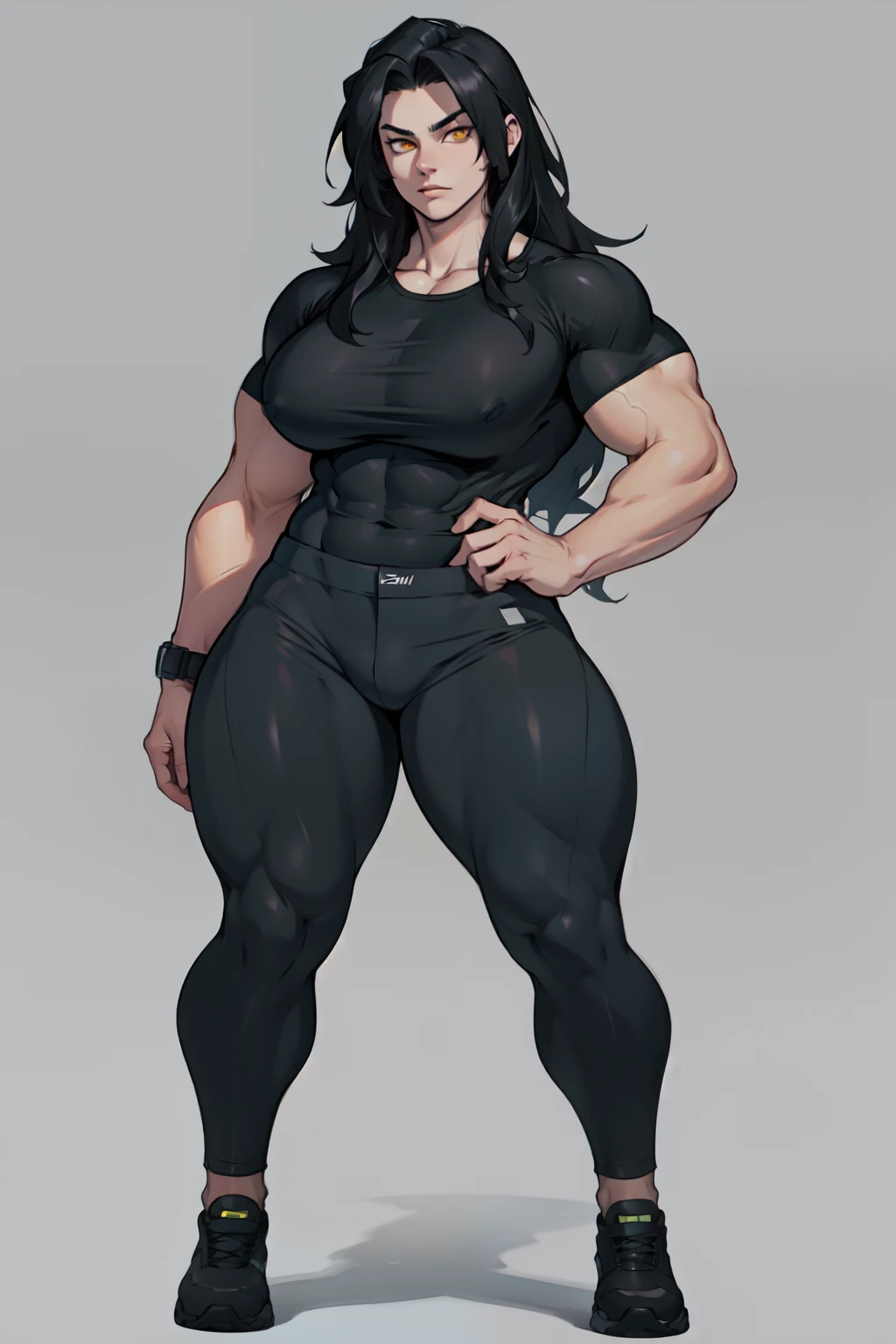 (1girl) pale skin huge breasts muscular toned bodythick thighs black hair yellow eyes (tight shirt and pants full body long hair) bodybuilder