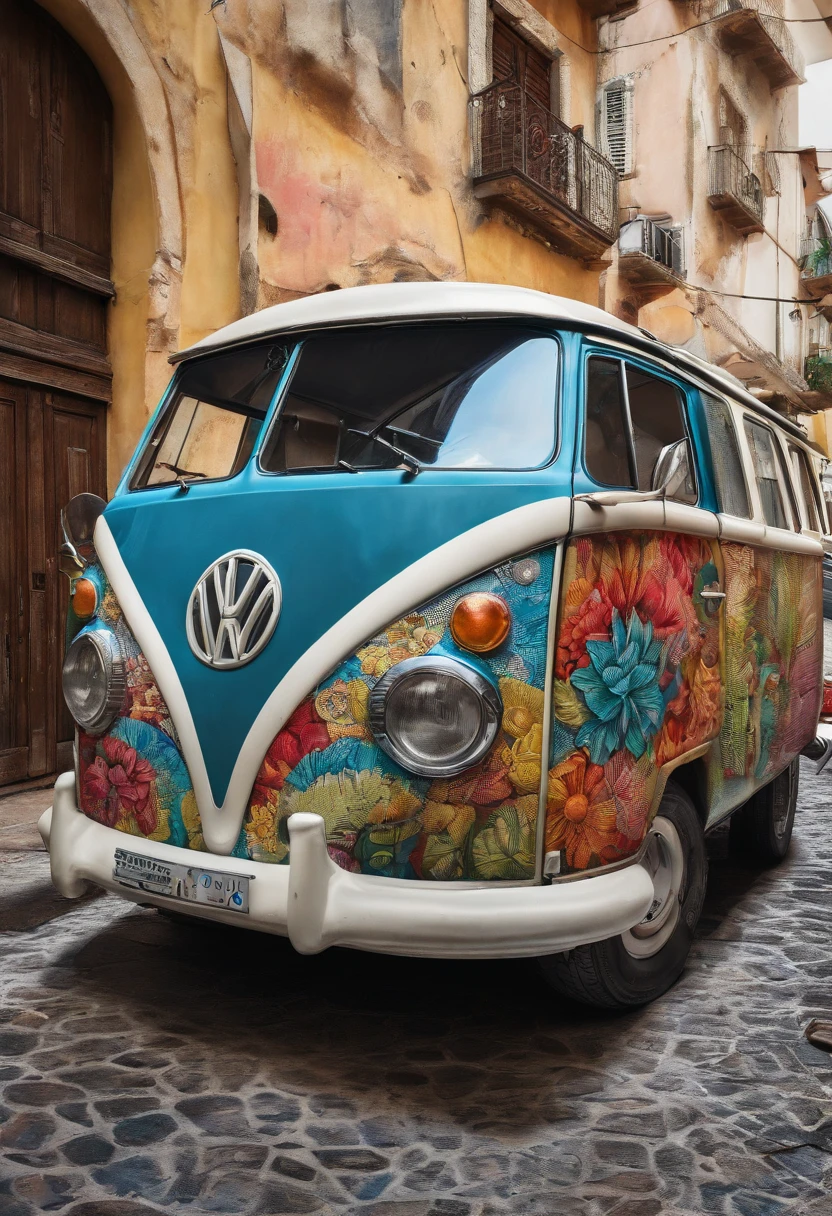 uma kombi multicolorida na costa amalfitana italia