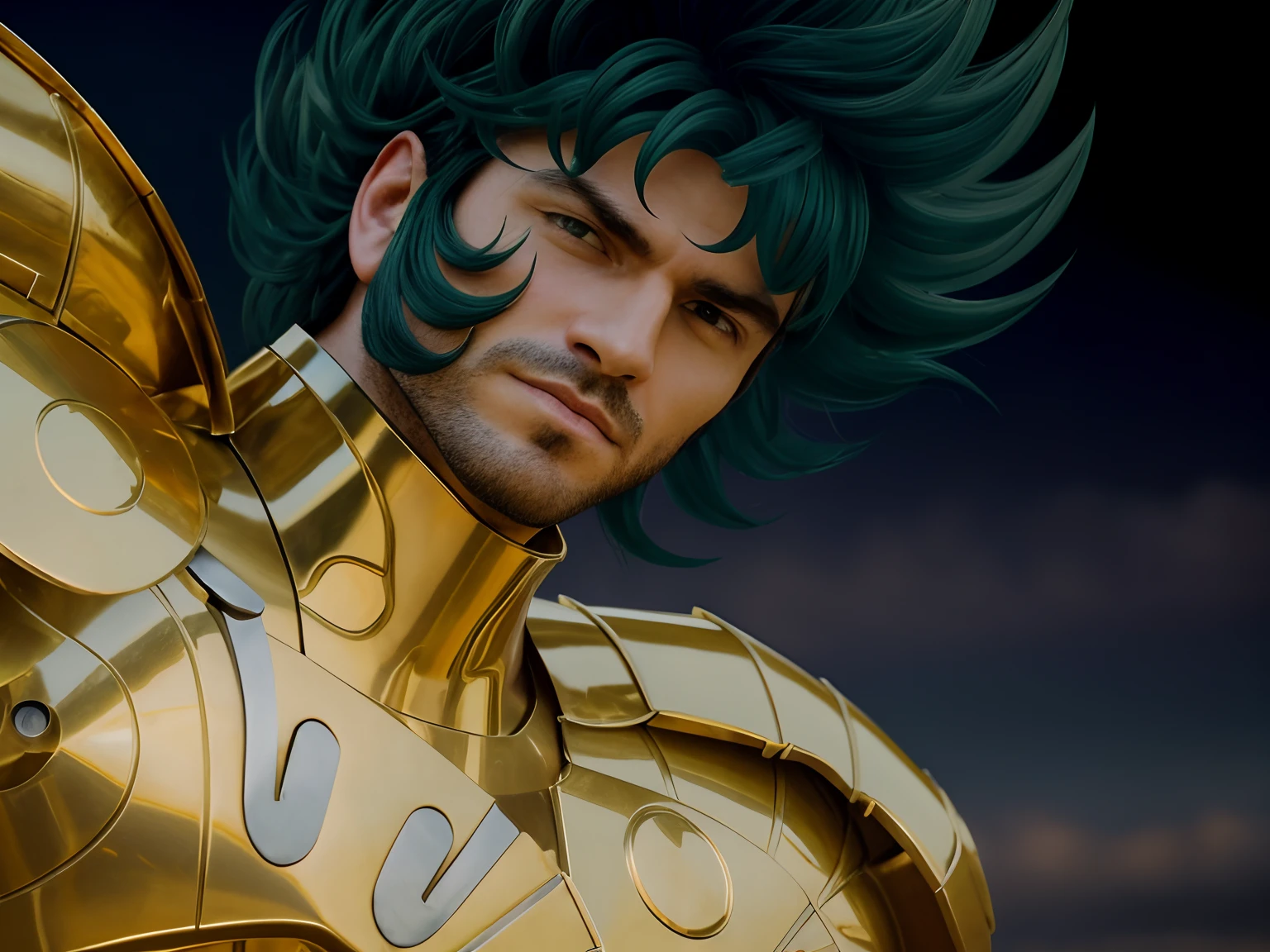 (masterpiece), (realistic) low angle, close up portrait of an man, (male), 30 years old, spanish, (1boy), solo, serious, looking at viewer, wearing an medieval armor, (full body armor), (golden armor), chrome gold, (detailed armor), (ornate armor), dark green hair, (hair blowing in wind), (hair chops), upper body, night and stars background, sharp focus, cinematic lighting, ((beardless)).