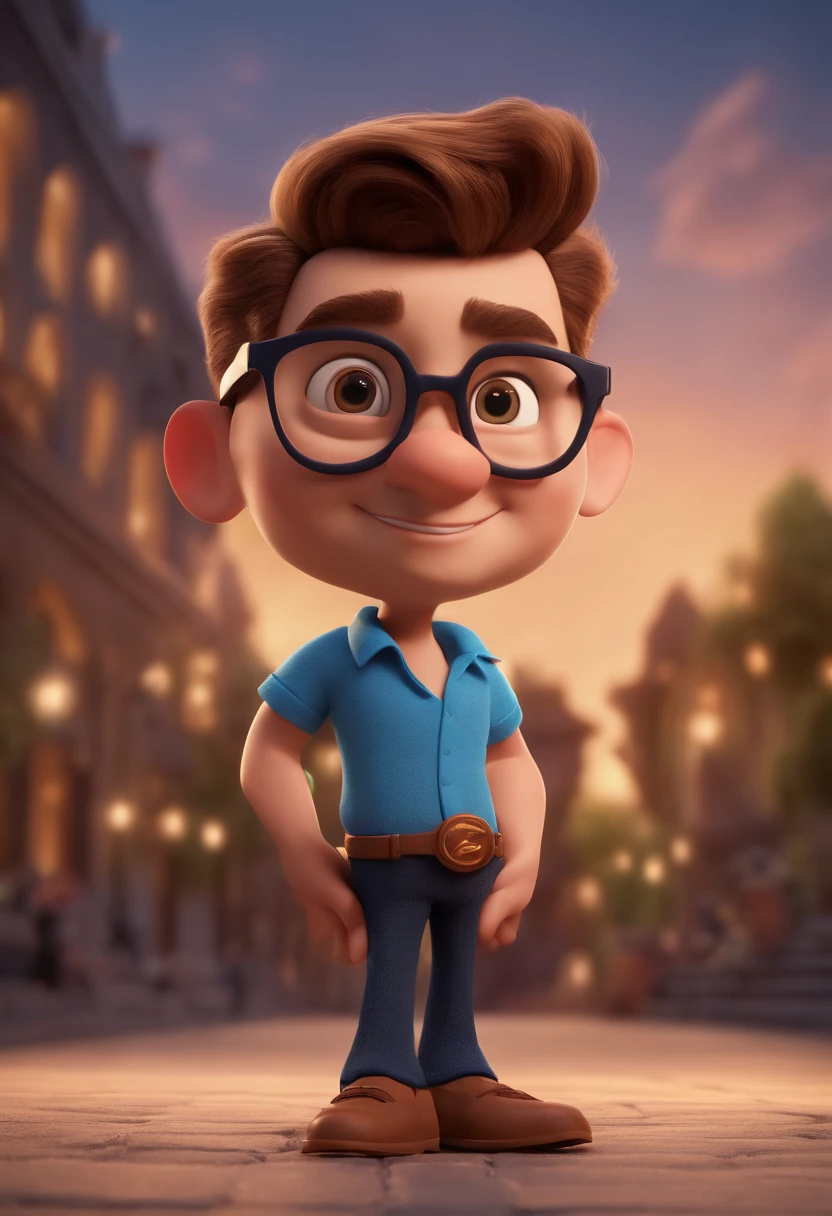 Cartoon character of a man with black glasses and a blue shirt, animation character, Caractere estilizado, animation style rendering, 3D estilizado, Arnold Maya render, 3 d render stylized, toon render keyshot, Personagem 3D, Personagem 3D, 3d rendering stylized, 3 d character render, personagem de desenho animado, Personagem de close up, Pose de personagem,  (Estilo Pixar) (master part:1.2) (Bokeh) (best quality) (pele detalhada) (textura detalhada) (8k) (argila) (Cinematic lighting) (foco nítido