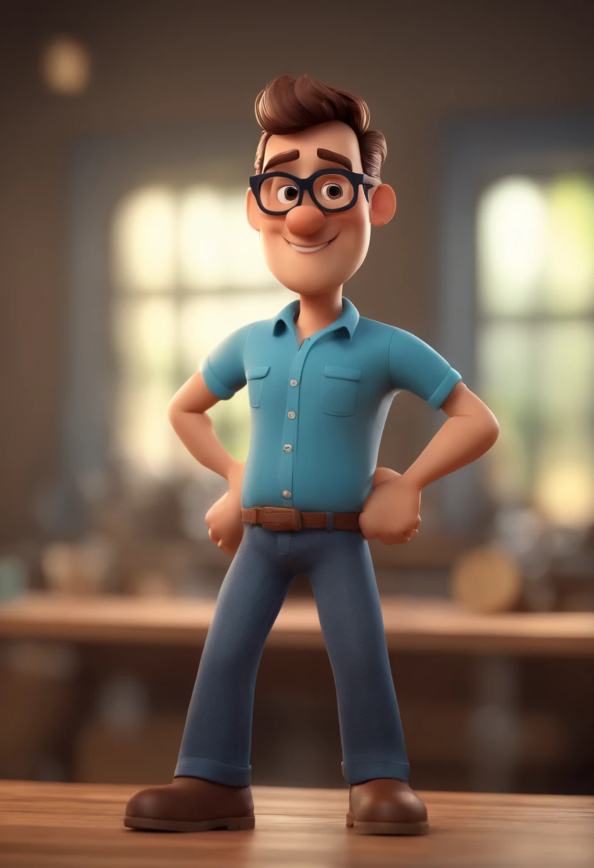 Cartoon character of a man with black glasses and a blue shirt, animation character, Caractere estilizado, animation style rendering, 3D estilizado, Arnold Maya render, 3 d render stylized, toon render keyshot, Personagem 3D, Personagem 3D, 3d rendering stylized, 3 d character render, personagem de desenho animado, Personagem de close up, Pose de personagem,  (Estilo Pixar) (master part:1.2) (Bokeh) (best quality) (pele detalhada) (textura detalhada) (8k) (argila) (Cinematic lighting) (foco nítido
