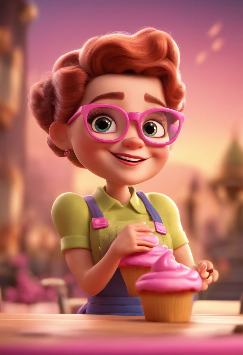 Cartoon character of a woman with black glasses and a pink pastry apron, com tatuagens de cupcakes, animation character, Caractere estilizado, animation style rendering, 3D estilizado, Arnold Maya render, 3 d render stylized, toon render keyshot, Personagem 3D, Personagem 3D, 3d rendering stylized, 3 d character render, personagem de desenho animado, Personagem de close up, Pose de personagem,  (Estilo Pixar) (master part:1.2) (Bokeh) (best quality) (pele detalhada) (textura detalhada) (8k) (argila) (Cinematic lighting) (foco nítido