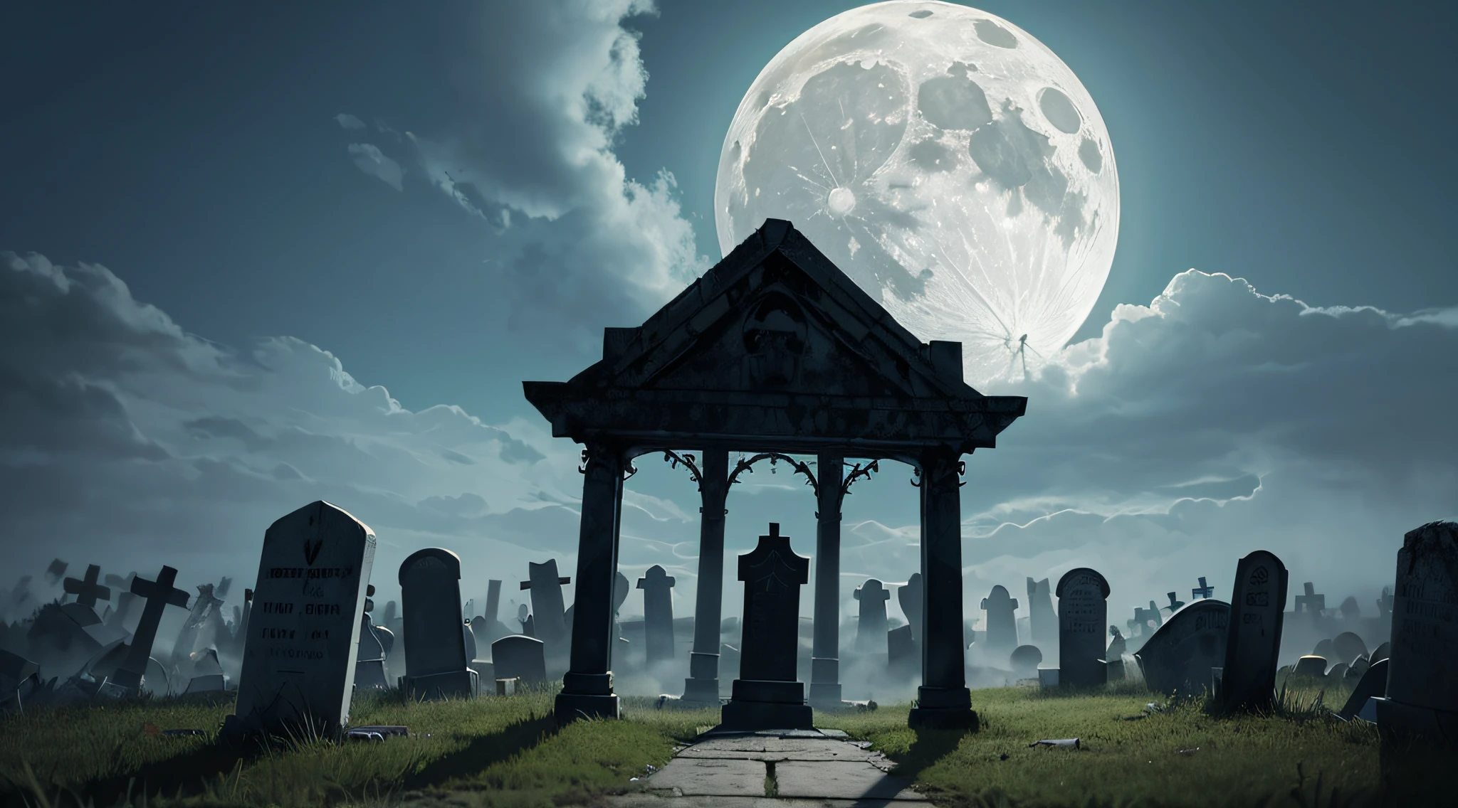 Create an illustration of a spooky graveyard with tombstones, old crypts, and a full moon casting an eerie glow over the scene