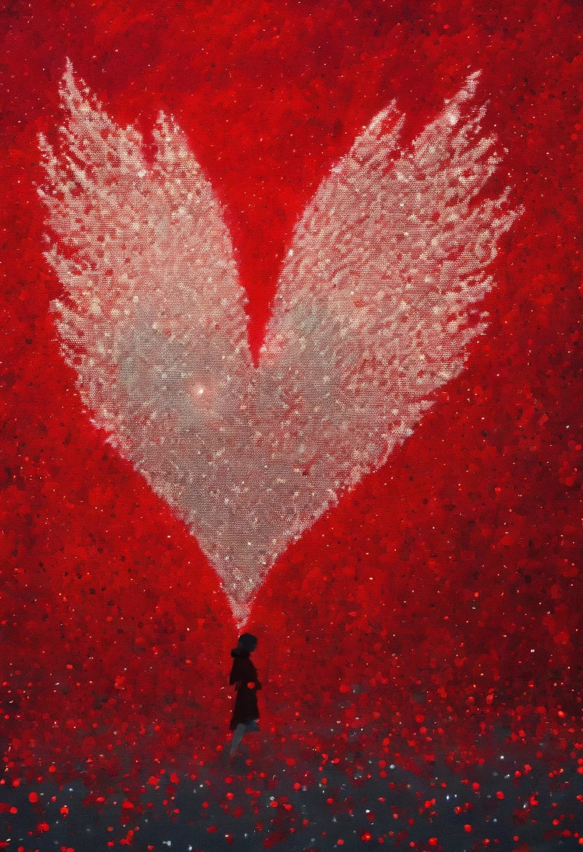 Absurdo, high resolution, ultra-detalhado, (1 large red heart with white wings on the side 2), Dot painting technique, sombras pontilhadas, detalhes intrincados, Pequenos pontos, Efeitos de textura, gradientes sutis, artesanato fascinante, fotografia infravermelha, tons sobrenaturais, paisagens surreais, invisible light, ethereal glow, vivid colors, efeitos fantasmas