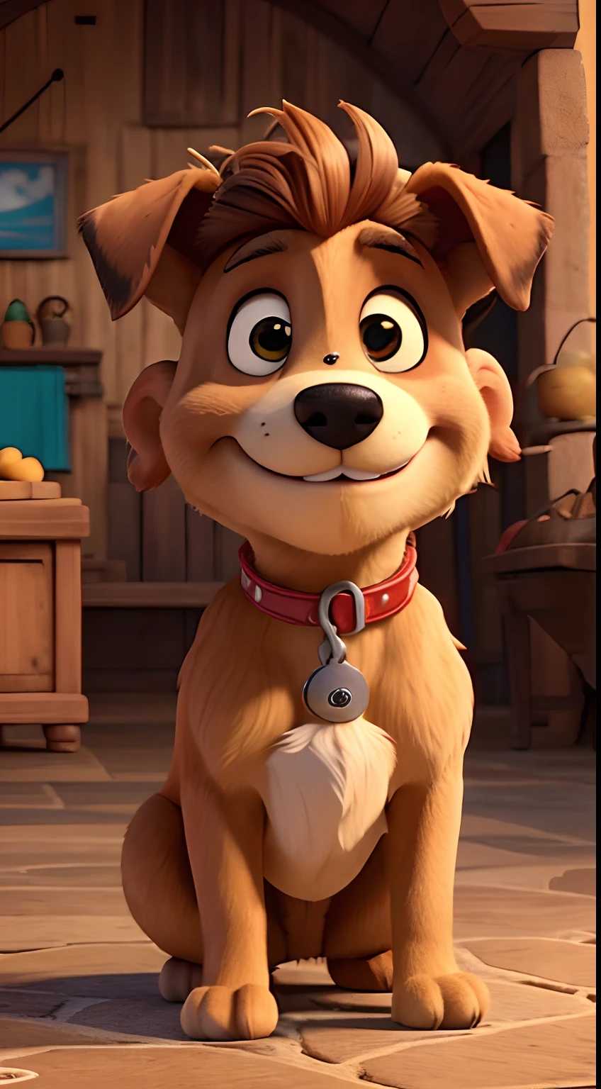 garotinho olhando para a camera, com cachorro, cabelo castanho, estilo pixar, alta qualidade, melhor qualidade