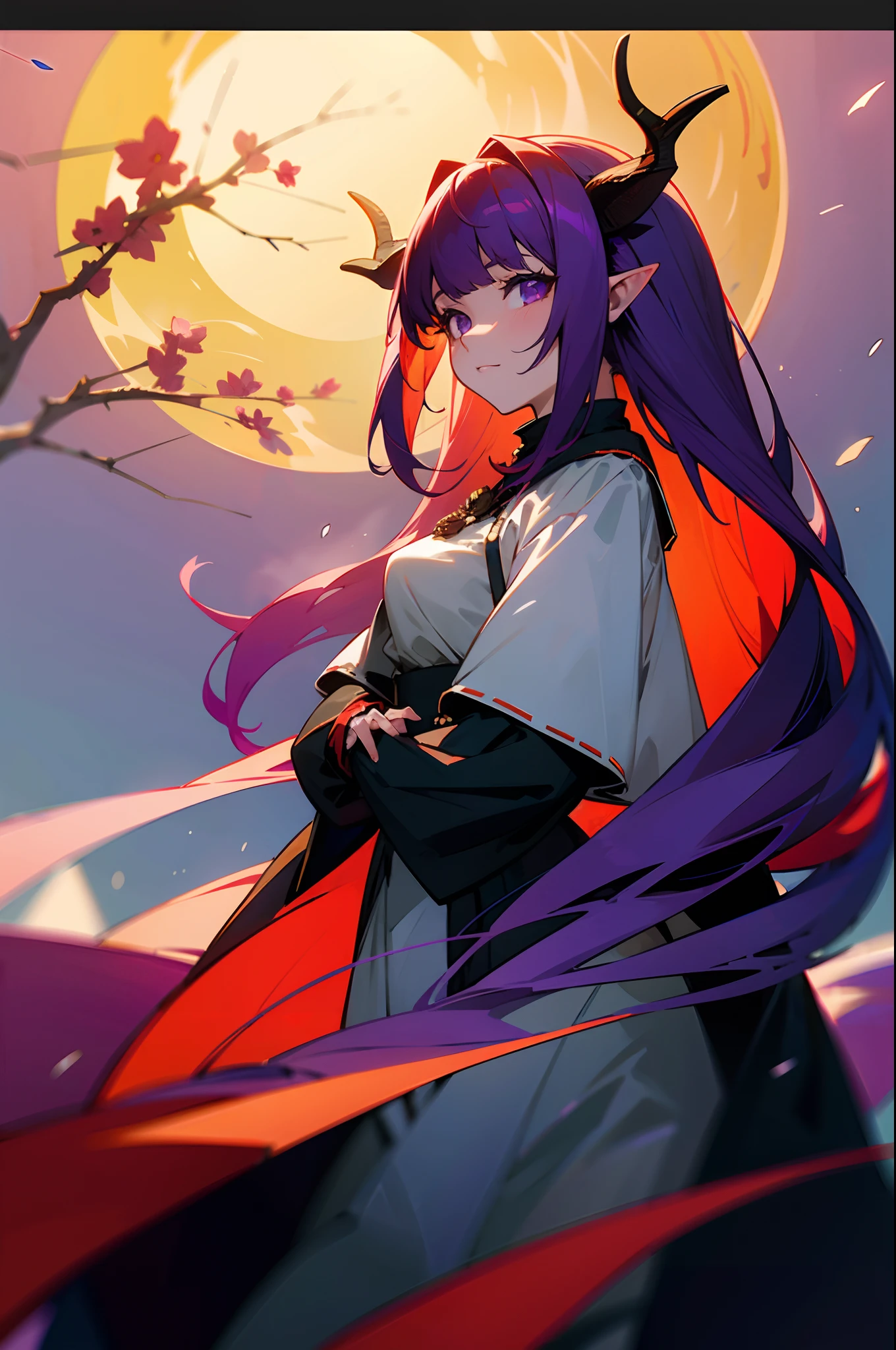 Anime girl with deer horns, dragon girl, red long hairs and purple eyes, medieval dress, medieval city at night, supersharp, extra detalied picture, anime fanart, 8k, masterpiece