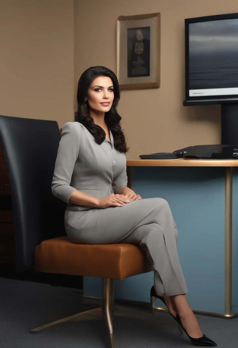 well-dressed woman, seated full-length, her hands pose on a desk, she radiates confidence and poise, her short black hair frames her face and her brown eyes sparkle against the light blue background of the TV news studio. Masterpiecee, best quality, highest quality, photorealistic, perfect anatomy, perfect face, perfect eyes,1girl, n4tpp0r7-smf, solo, realistic, brown hair, long hair, lips, parted lips, black eyes, brown eyes, neg (worst quality, low quality:1.4), (greyscale)