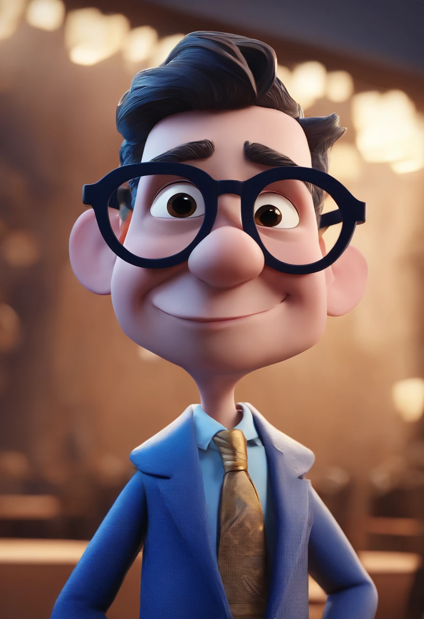 Cartoon character of a man with black glasses and a blue shirt, animation character, Caractere estilizado, animation style rendering, 3D estilizado, Arnold Maya render, 3 d render stylized, toon render keyshot, Personagem 3D, Personagem 3D, 3d rendering stylized, 3 d character render, personagem de desenho animado, Personagem de close up, Pose de personagem,  (Estilo Pixar) (master part:1.2) (Bokeh) (best quality) (pele detalhada) (textura detalhada) (8k) (argila) (Cinematic lighting) (foco nítido