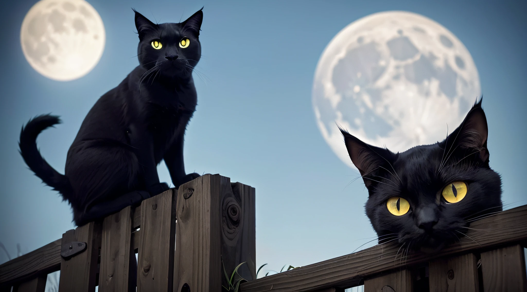 Draw a picture of a sinister black cat perched on a crooked, old fence with a full moon in the background, its eyes glowing with an otherworldly light