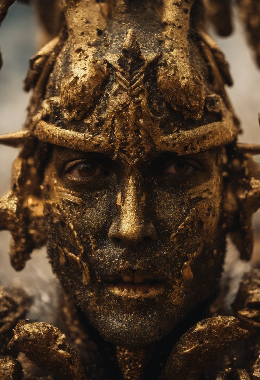 um enxame de gafanhotos semelhante ao de cavalos aparelhados para a guerra; On the head of the locusts a crown of gold; e rosto de homem. cabelos cumpridos , e os seus dentes grandes. Iron breastplates; Scorpions tail and sting on tail; numerosos , (best quality,Altas), insetos detalhados, atmosfera surreal, dramatic lighting