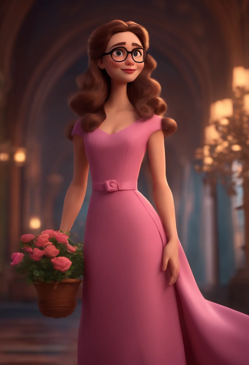 A woman with white skin, long hair and brown with pink dress glasses, Pixar format