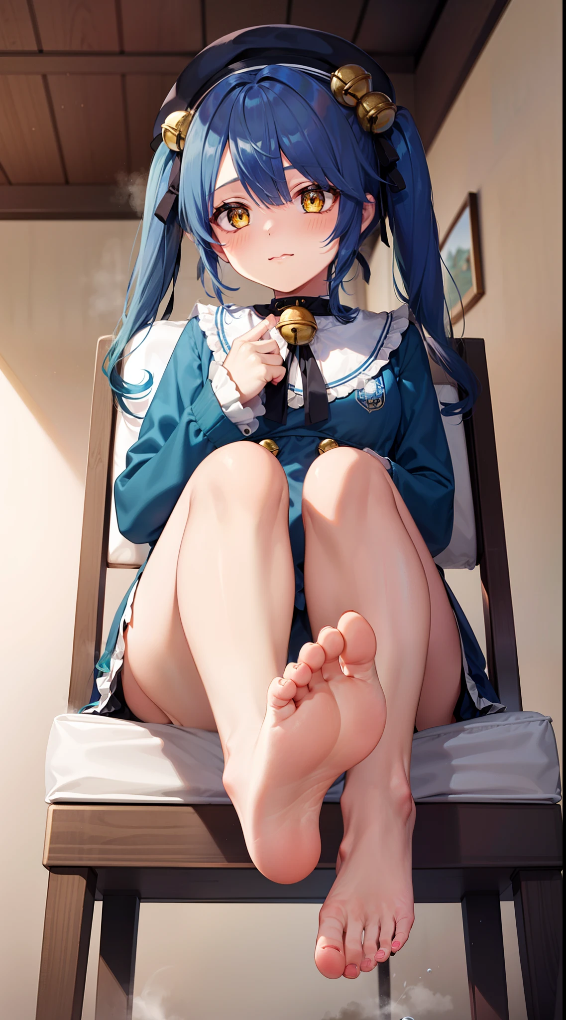 1girl,blue hair,yellow eyes,beret hat, pigtails,bell hair accessories,sitting,from below,2legs,legs focus,feet,(five toes1.5),steam,tsundere