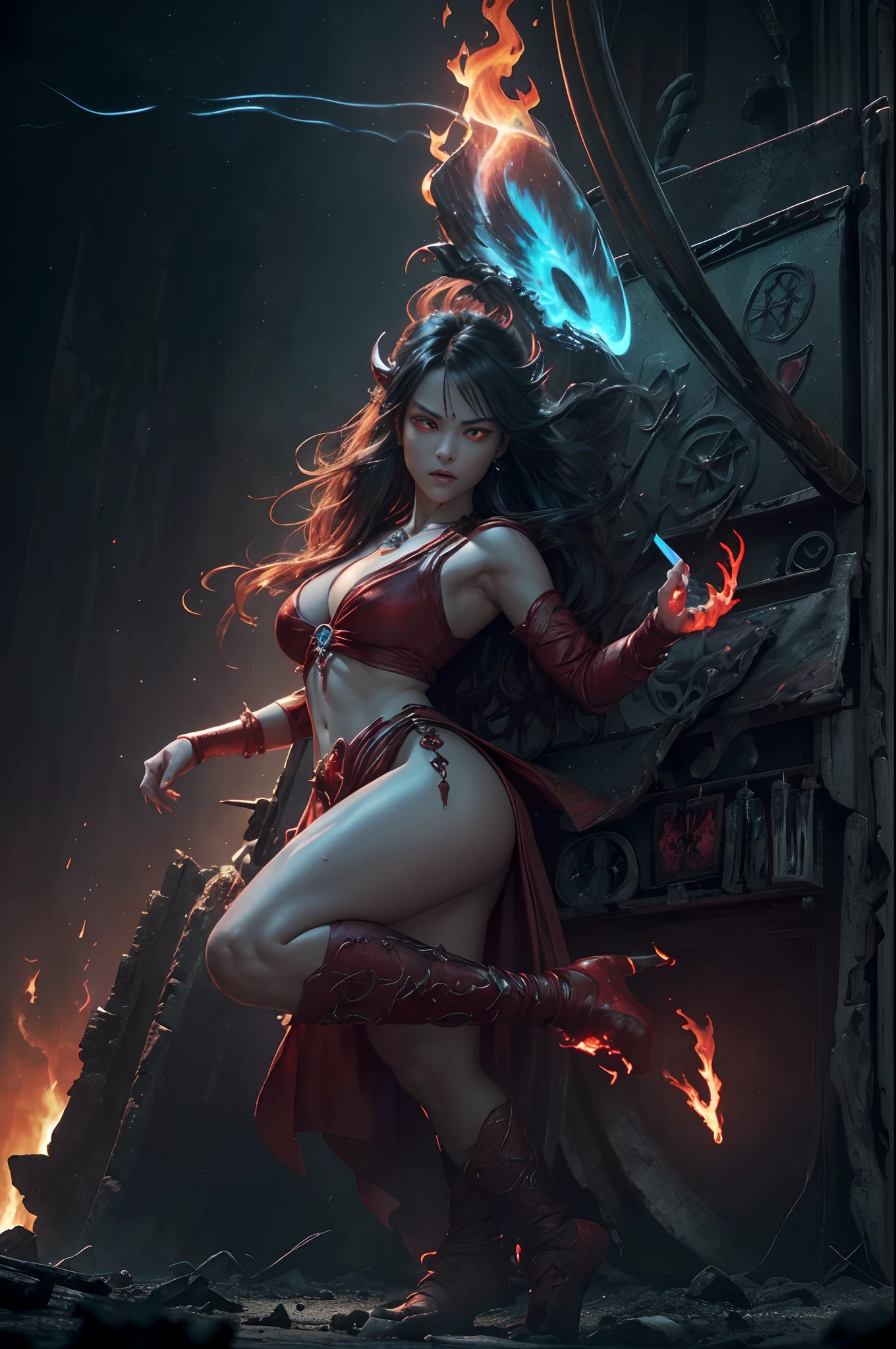 8K、Female demon with big breasts,(number々Award-winning masterpieces of、incredible detailing、textured、Maximum detail)、(hyper realisitic:1.4)、(reallistic:1.3)、(Upper Body Up:0.4)、(Top quality realistic textured skin)、(Elaborate perfectly symmetrical eyes)、Elaborate face、((medieval world))、((The Flame Devil of the Lord))、((The Fire Devil of the Lord's Hell))、(burning brightly、 Icy gaze)、(Full body like:1.6)、 (Horrific morphology)、(Eyes that glow red in the dark:1.5)、(A pair of red eyes emitting a strong red light from the inside:1.5)、(Swirling flames and flames in the background)、(dramatic light)、(A majestic sight)、(angry expressions)、Glass earrings in the ears、 (dramatic photography:1.4)、(dramatic pose)、(Golden hair)、(Silver)hair)、(maroon hair)、(Upturned hair)、((Downward-pointing hair)、(A simple necklace with exquisite workmanship around the neck)、(Bioluminescence with a brilliant glow:1.3)、(Fancy Flame Magic:1.2)、(Swirling flames)、 The Great Temple of the Devil、 Great Temple、 Great Temple、great cathedral、Temple ruins、Detached temple、(Luminous Magic Circle)、Ruins of the old castle、Shining majestic cloud masses and sky、lightning、Epic graphics、Faded、art by、(by Greg Rutkowski:0.8)、(teal and orange:0.4)、(art  stations:1.5)、cinematic、((Neutral Color))、(HDR:1.5)、(Muted colors:1.2)、The ultra-detailliert、dramatic light、(intricate detailes:1.1)、the complex background、Sharply extended fangs,sharply elongated claws,