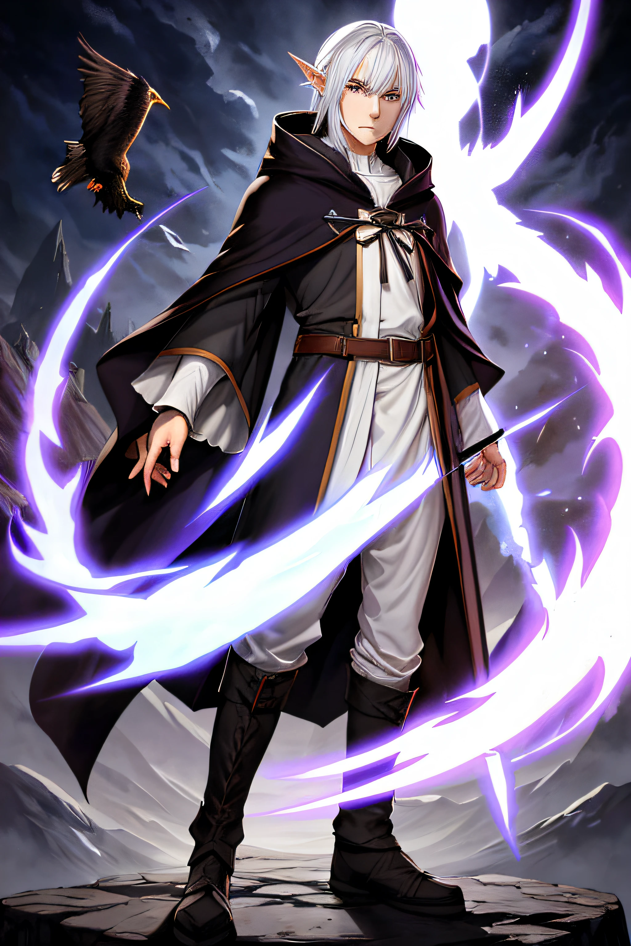 A full body portrait of a Half-elf warlock with cloudy white hair hair, orange eyes, and a pale complexion. His ears are small. He's scrawny but not thin. He has ravens all on him. He wears a dark colored robe with the hood down. He has light colored clothes underneath the dark robe.