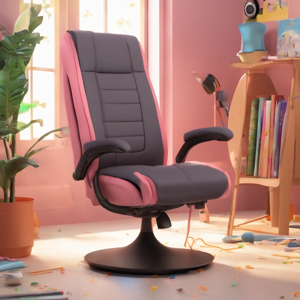 Crie um cartaz inspirado na Disney Pixar com o personagem Mulhuer morena, cabelos enrrolados nas cores roxa e rosa, olhos castanhos claros, em um estudio de pod cast, sentada em uma cadeira, na sua frente um microfone, ela esta usando fone de ouvido, com uma xicara escrita POd PoD da LUUh, com posters de doramas