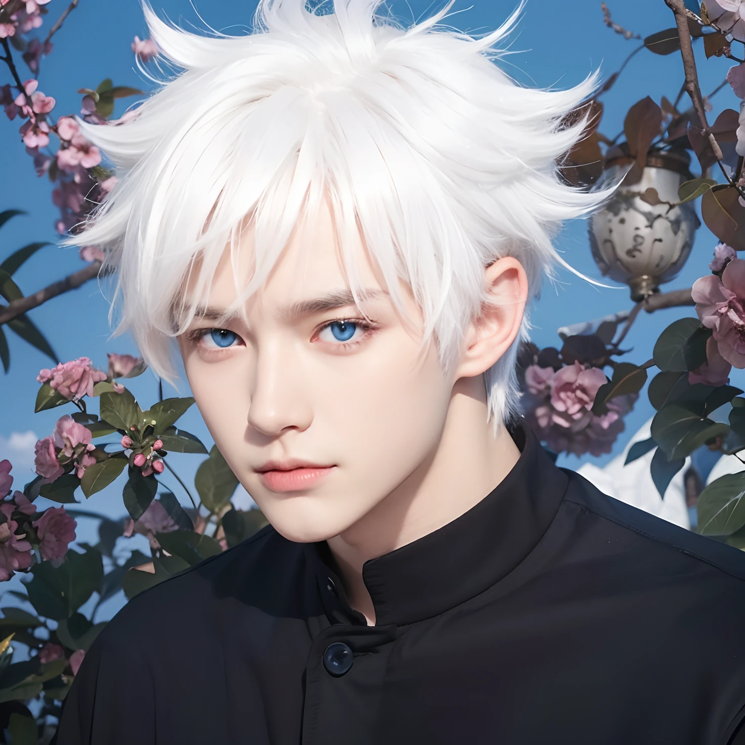 A boy with realistic white hair, realistic bright blue eyes, realistic Korean handsome face, realistic cool expression, adapts exactly the same clothes,Adapt the background exactly, realistic light, realistic shadows