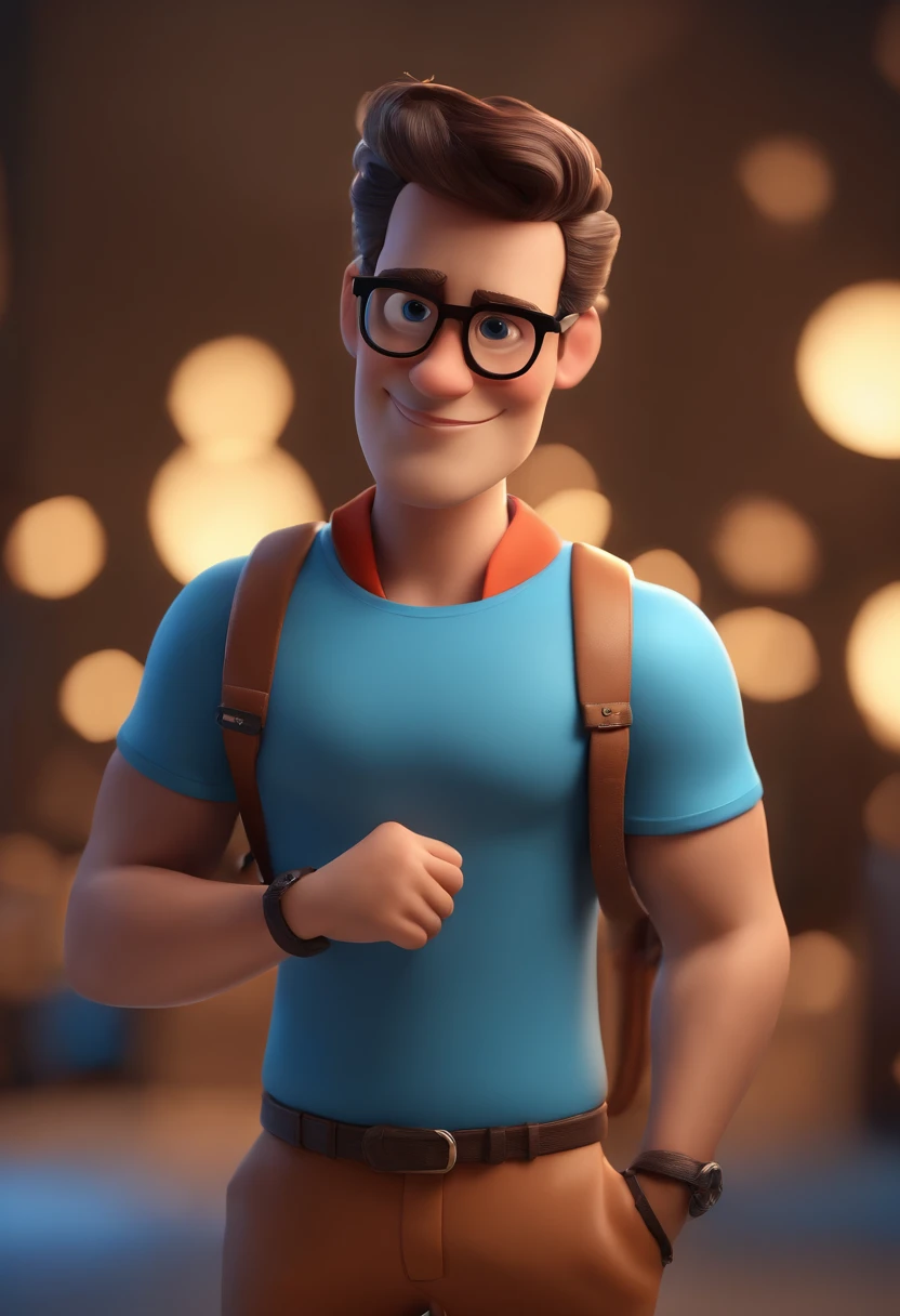Cartoon character of a man wearing black glasses and a blue shirt, um personagem animado, Caractere estilizado, animation style rendering, 3D estilizado, Arnold Maya render, 3 d render stylized, toon render keyshot, Personagem 3D, Personagem 3D, 3d rendering stylized, 3 d character render, personagem de desenho animado, Personagem de close up, Pose de personagem, (Estilo Pixar) (master part:1.2) (Bokeh) (best quality) (pele detalhada) (textura detalhada) (8k) (argila) (Cinematic lighting) (foco nítido，Senta e vaza a parte superior do corpo