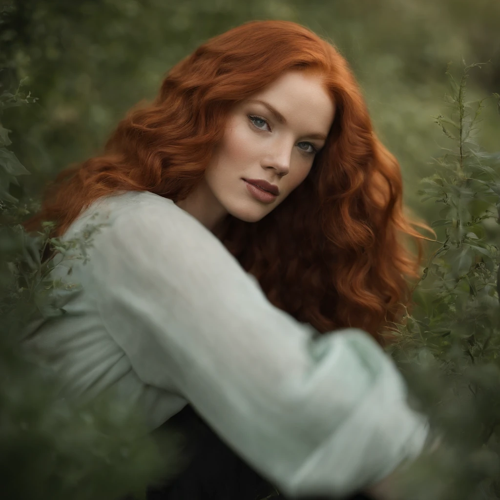 there is a woman with red hair and green eyes posing for a picture, ginger wavy hair, beautiful redhead woman, flowing ginger hair, redhead woman, red hair and attractive features, with red hair and green eyes, red curled hair, long curl red hair, wavy big red hair, beauty retouch, redhead girl, woman with red hair, curly red hair,full body picture , tall, zoom out ,