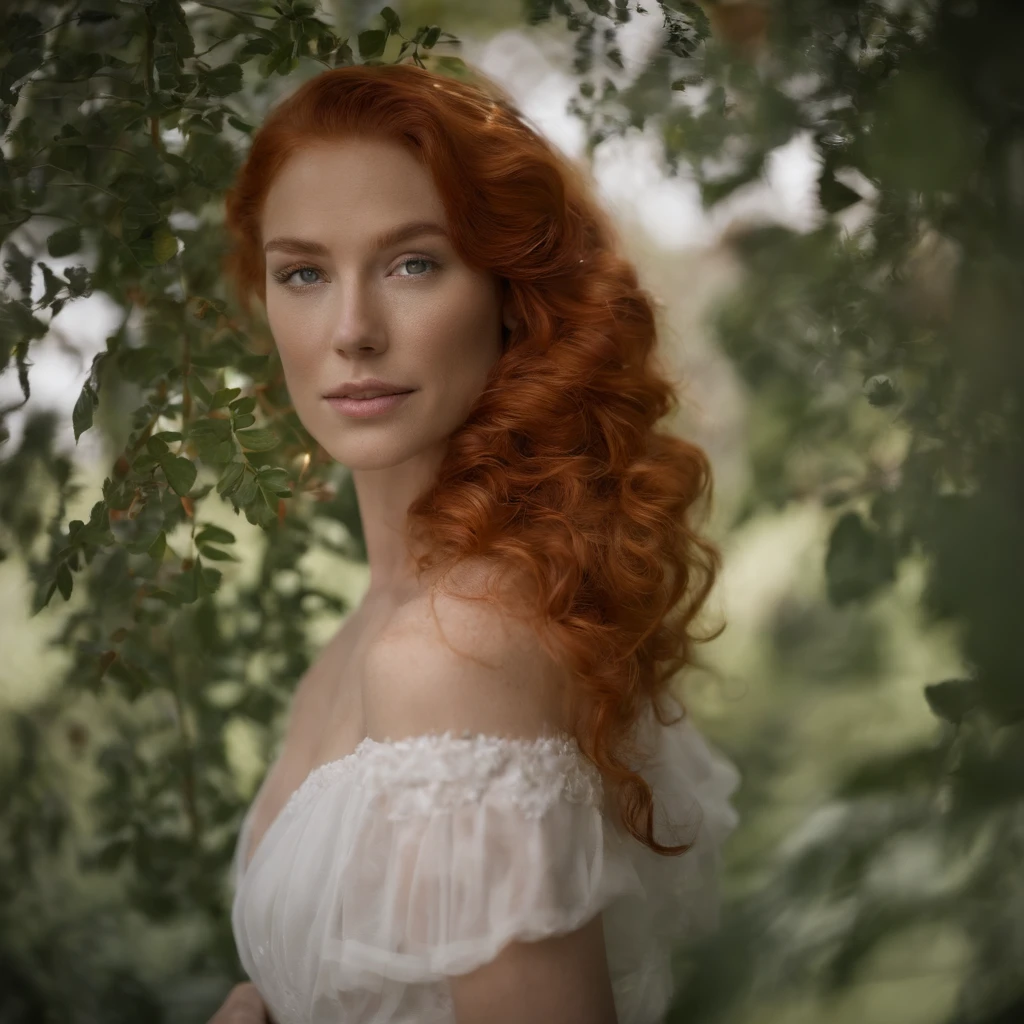 there is a woman with red hair and green eyes posing for a picture, ginger wavy hair, beautiful redhead woman, flowing ginger hair, redhead woman, red hair and attractive features, with red hair and green eyes, red curled hair, long curl red hair, wavy big red hair, beauty retouch, redhead girl, woman with red hair, curly red hair,full body picture , tall, zoom out ,