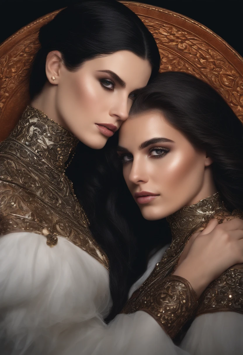 Lesbian couple, a brunette with shaved hair on the sides, dark eyes, another person giving white color of long black hair,no fundo a cor do ar coris