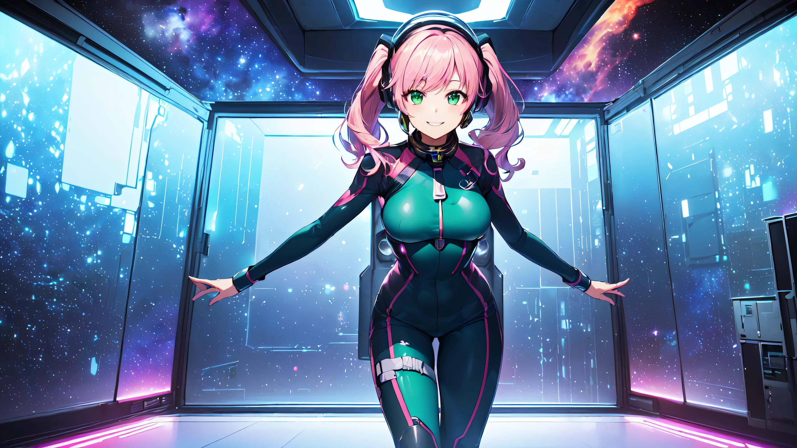 hd ​masterpiece, anime girl, 1girl ((20year old, dressed in a tight futuristic bodysuit, boots, medium breasts:1.3, multicolor pink hair, twin ponytails, perfect model body:1.3, detailed green eyes:1.5, smiling, wearing futuristic space helmet, standing in a space station observatory room with windows showing a galaxy of stars and nebula:1.2, mid shot:1.4, fun and exciting atmosphere:1.2)) ((solo:1.7)) ((galaxy))