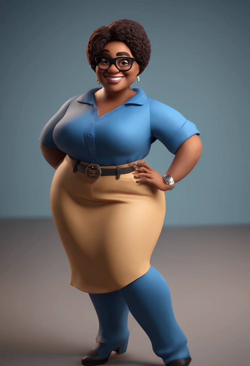 Cartoon character of a 38-year-old woman in radio studio smiling black glasses and a blue shirt, animation character, Caractere estilizado, animation style rendering, 3D estilizado, Arnold Maya render, 3 d render stylized, toon render keyshot, Personagem 3D, Personagem 3D, 3d rendering stylized, 3 d character render, personagem de desenho animado, Personagem de close up, Pose de personagem, (Estilo Pixar) (master part:1.2) (Bokeh) (best quality) (pele detalhada) (textura detalhada) (8k) (argila) (Cinematic lighting) (foco nítido