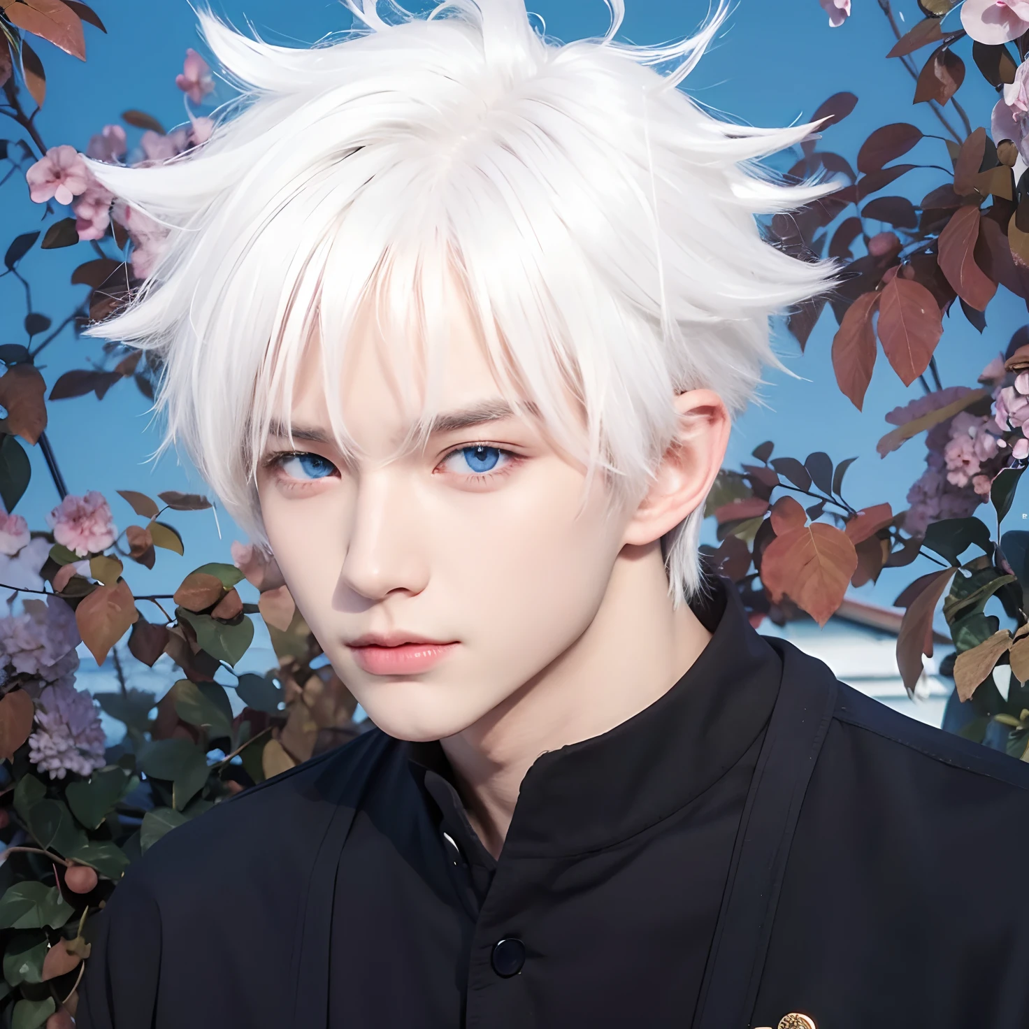 A boy with realistic white hair, realistic bright blue eyes, realistic Korean handsome face, realistic cool expression, adapts exactly the same clothes,Adapt the background exactly, realistic light, realistic shadows