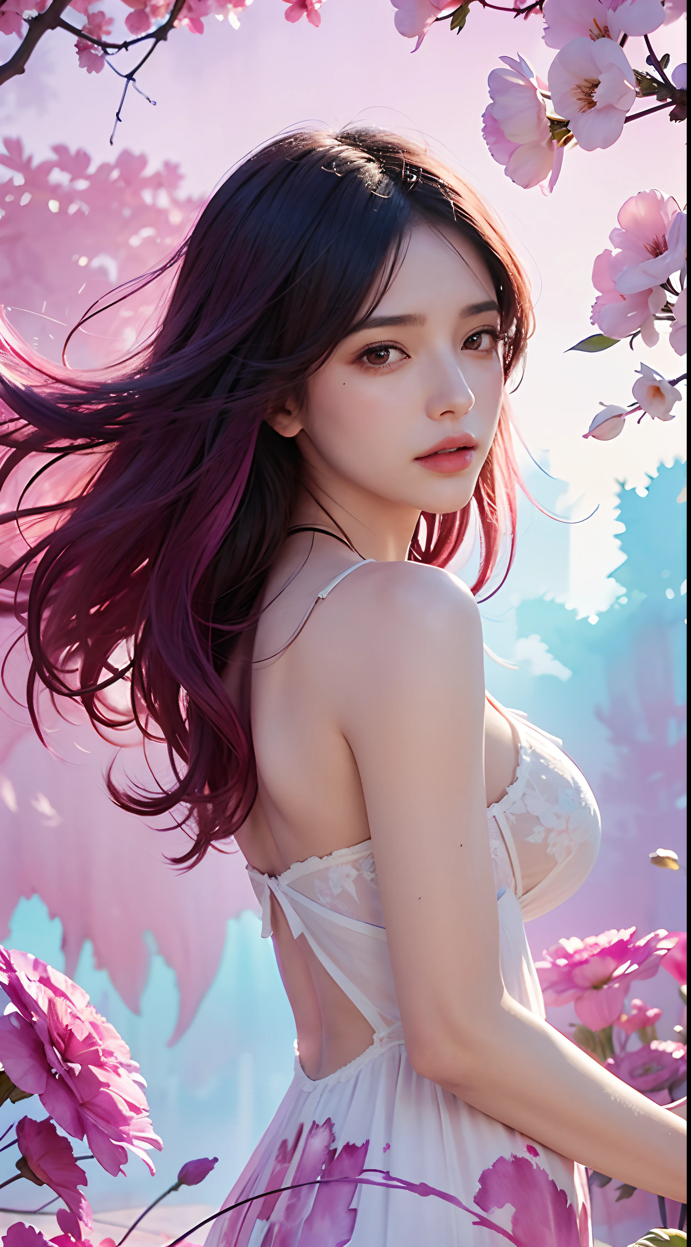 1girl,flower, Lisianthus ,in the style of light pink and light azure, dreamy and romantic compositions, pale pink, ethereal foliage, playful arrangements,fantasy, high contrast, ink strokes, explosions, over exposure, purple and red tone impression , abstract, ((watercolor painting by John Berkey and Jeremy Mann )) brush strokes, negative space, Shruti Hassan, fully covered big perky boobs,