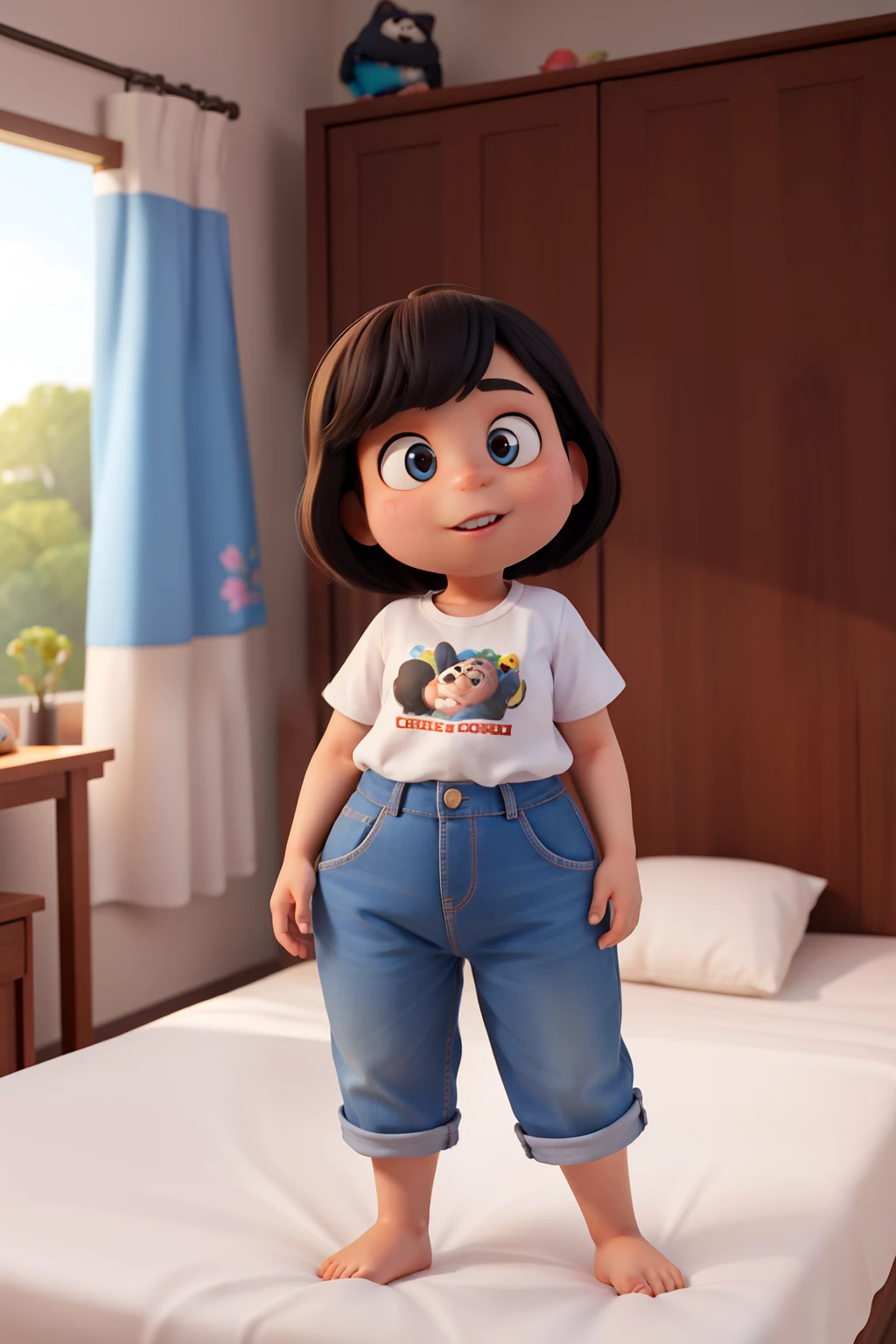 Crie uma imagem de alta qualidade no estilo Pixar de uma adolescente gordinha de cabelo preto tamanho grande, com um gatinho ,Scenery in the bedroom