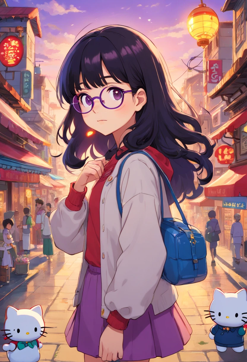 Fille de 17 ans, Algerian Origin Black hair a little curly Purple glasses and brown eyes Fane from Hello Kitty