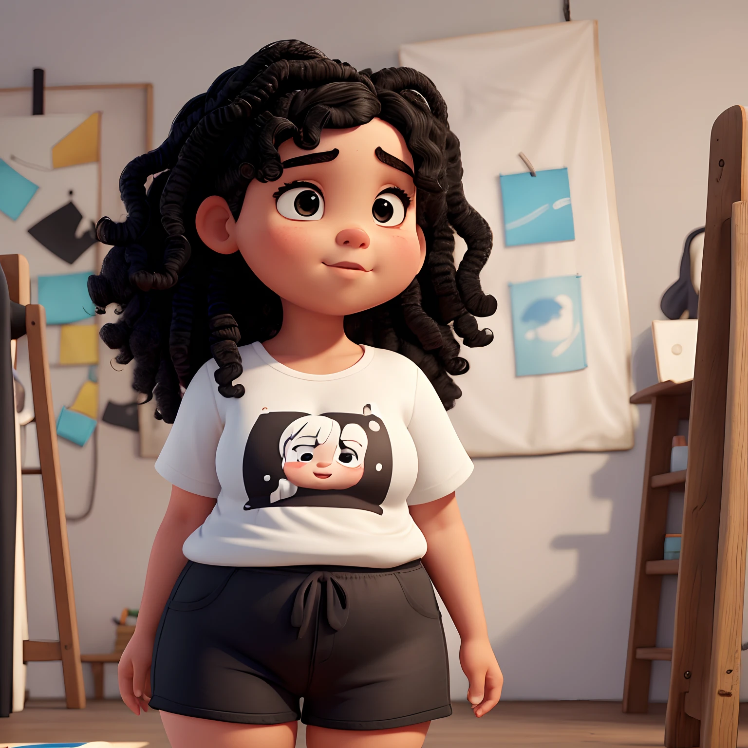 A very fat, very fat, white girl with very curly black hair, does not have bangs in her hair and has black eyes.  Usa uma blusa colorida short preto e casaco branco. Fone de ouvido branco. He's in his studio drawing