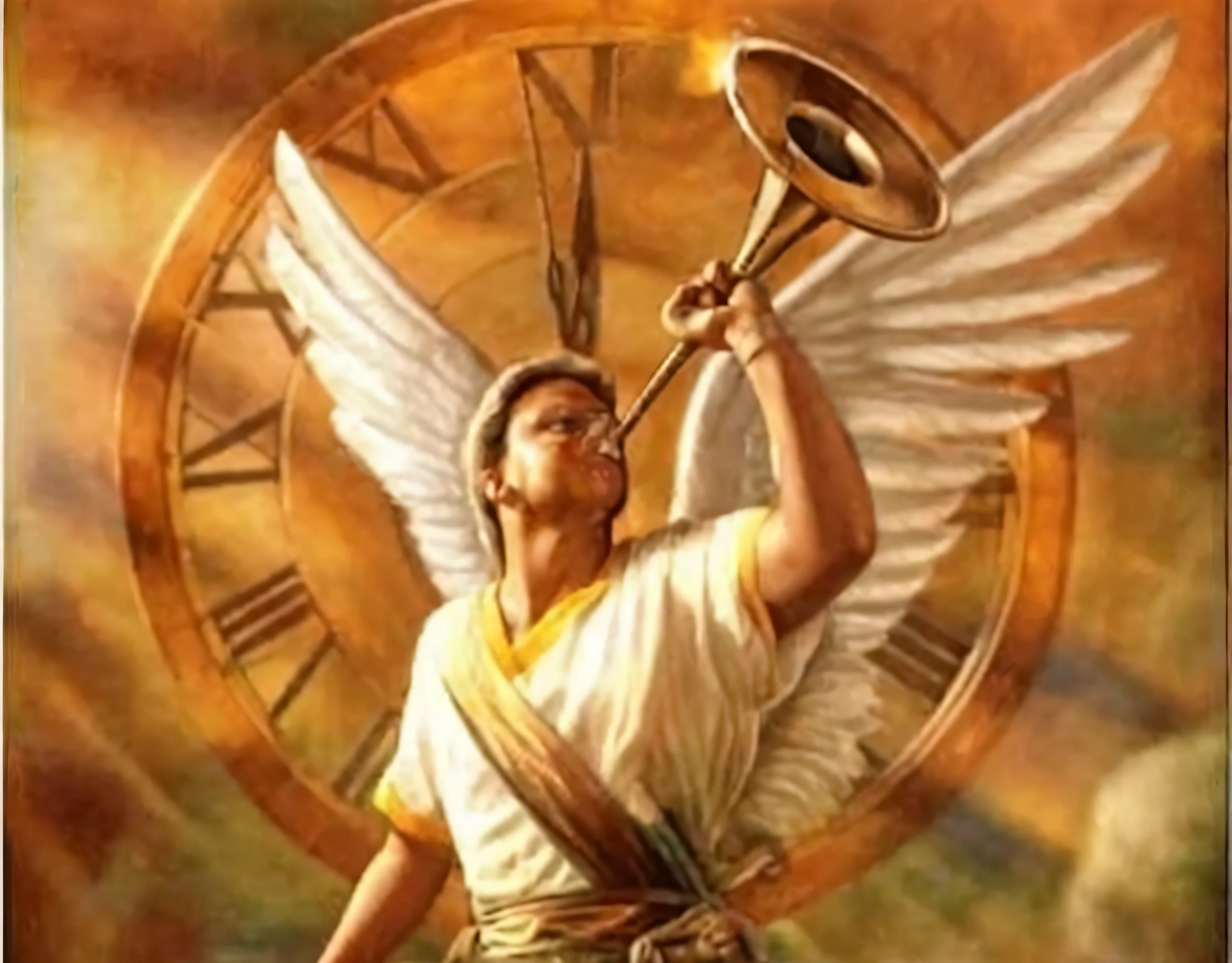 Super realistic 8k photo A closeup of a painting of an angel with trumpet, archangel Michael, precise biblical angel, St. Michael the angel, Virgil Finlaytim Hildebrandt, by John Michael Wright, the emerald herald, by Tim and Greg Hildebrandt, by Tim Hildebrandt, archangel, by Thomas Blackshear, winged victory!!!, biblically cornered angel