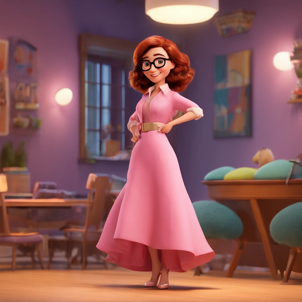 Create a Disney Pixar-inspired poster with the character being A woman with white skin, long brown hair with glasses in a pink high-heeled dress