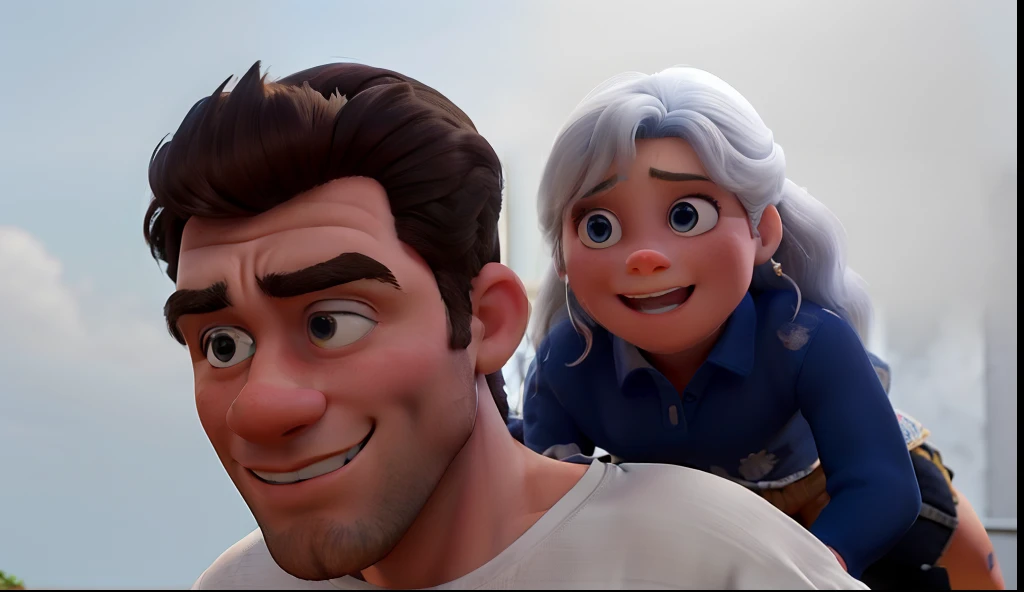 Obra-prima, de melhor qualidade, homem de branco e cabelo castanho escuro sentado em uma cadeira com sua filha loira de blusa azul atras