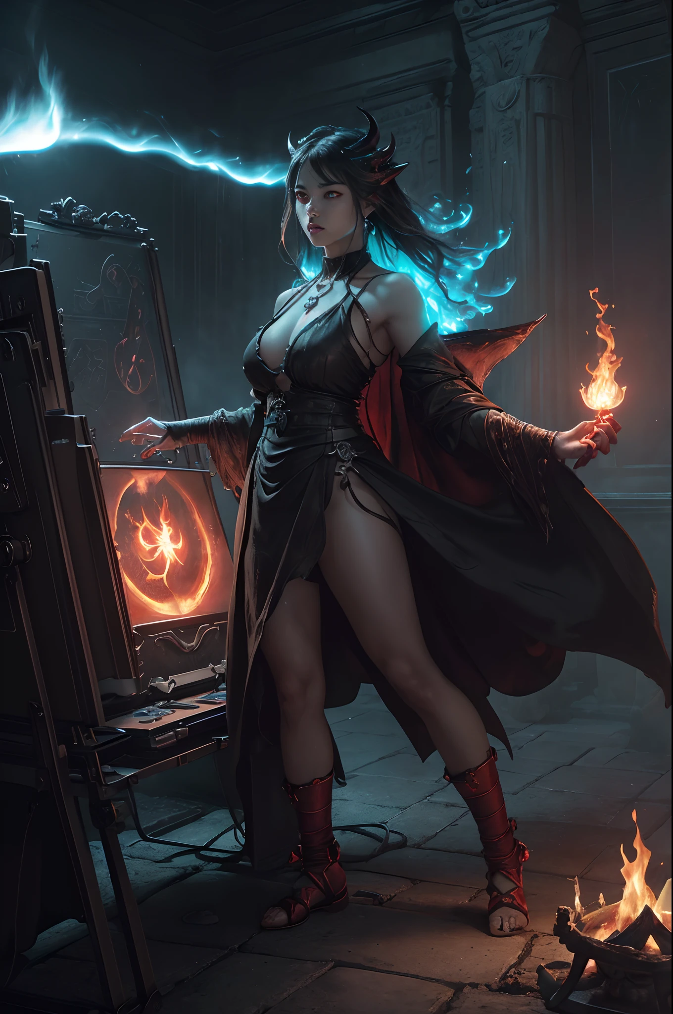 8K、Female demon with big breasts,(number々Award-winning masterpieces of、incredible detailing、textured、Maximum detail)、(hyper realisitic:1.4)、(reallistic:1.3)、(Upper Body Up:0.4)、(Top quality realistic textured skin)、(Elaborate perfectly symmetrical eyes)、Elaborate face、((medieval world))、((The Flame Devil of the Lord))、((The Fire Devil of the Lord's Hell))、(burning brightly、 Icy gaze)、(Full body like:1.6)、 (Horrific morphology)、(Eyes that glow red in the dark:1.5)、(A pair of red eyes emitting a strong red light from the inside:1.5)、(Swirling flames and flames in the background)、(dramatic light)、(A majestic sight)、(angry expressions)、Glass earrings in the ears、 (dramatic photography:1.4)、(dramatic pose)、(Mohican)、(Silver)hair)、(maroon hair)、(Upturned hair)、((Downward-pointing hair)、(A simple necklace with exquisite workmanship around the neck)、(Bioluminescence with a brilliant glow:1.3)、(Fancy Flame Magic:1.2)、(Swirling flames)、 The Great Temple of the Devil、 Great Temple、 Great Temple、great cathedral、Temple ruins、Detached temple、(Luminous Magic Circle)、Ruins of the old castle、Shining majestic cloud masses and sky、lightning、Epic graphics、Faded、art by、(by Greg Rutkowski:0.8)、(teal and orange:0.4)、(art stations:1.5)、cinematic、((Neutral Color))、(HDR:1.5)、(Muted colors:1.2)、The ultra-detailliert、dramatic light、(intricate detailes:1.1)、the complex background、Sharply extended fangs,sharply elongated claws,