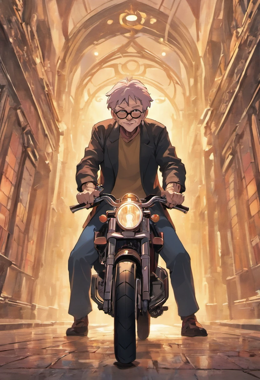 a 3D Disney Pixar style poster of an elderly man with glasses, pilotando uma Harley Davison 883 em um passeio de motocicleta