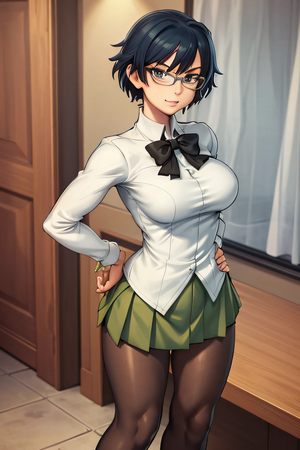 (best quality), (masterpiece), Shizune, school uniform, green skirt, white shirt, indoors, looking at viewer, head tilted back, mischievous expression, very large breasts, hands on hips, full body, pointy hair intakes