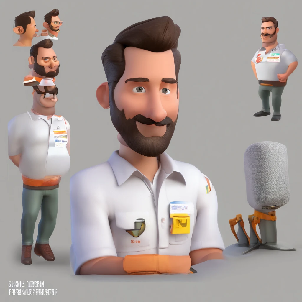Criar um personagem no estilo Pixar. Trata-se de um homem de 30 anos, com barba, Branco, com cabelos castanhos curtos e um quiff, e olhos castanhos. Ele deve estar na frente de um computador, Trabalhar como designer