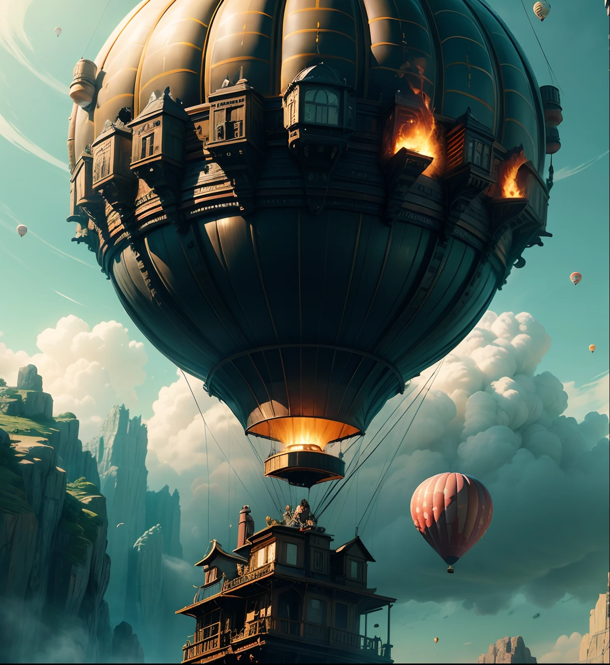 A boat suspended from a hot air balloon, There was a man on board,Steampunk hot air balloons, hot air balloon, 火焰,Incredible visuals, stunning vfx, fantasy movie still, Epic VFX shots,Pile of flames