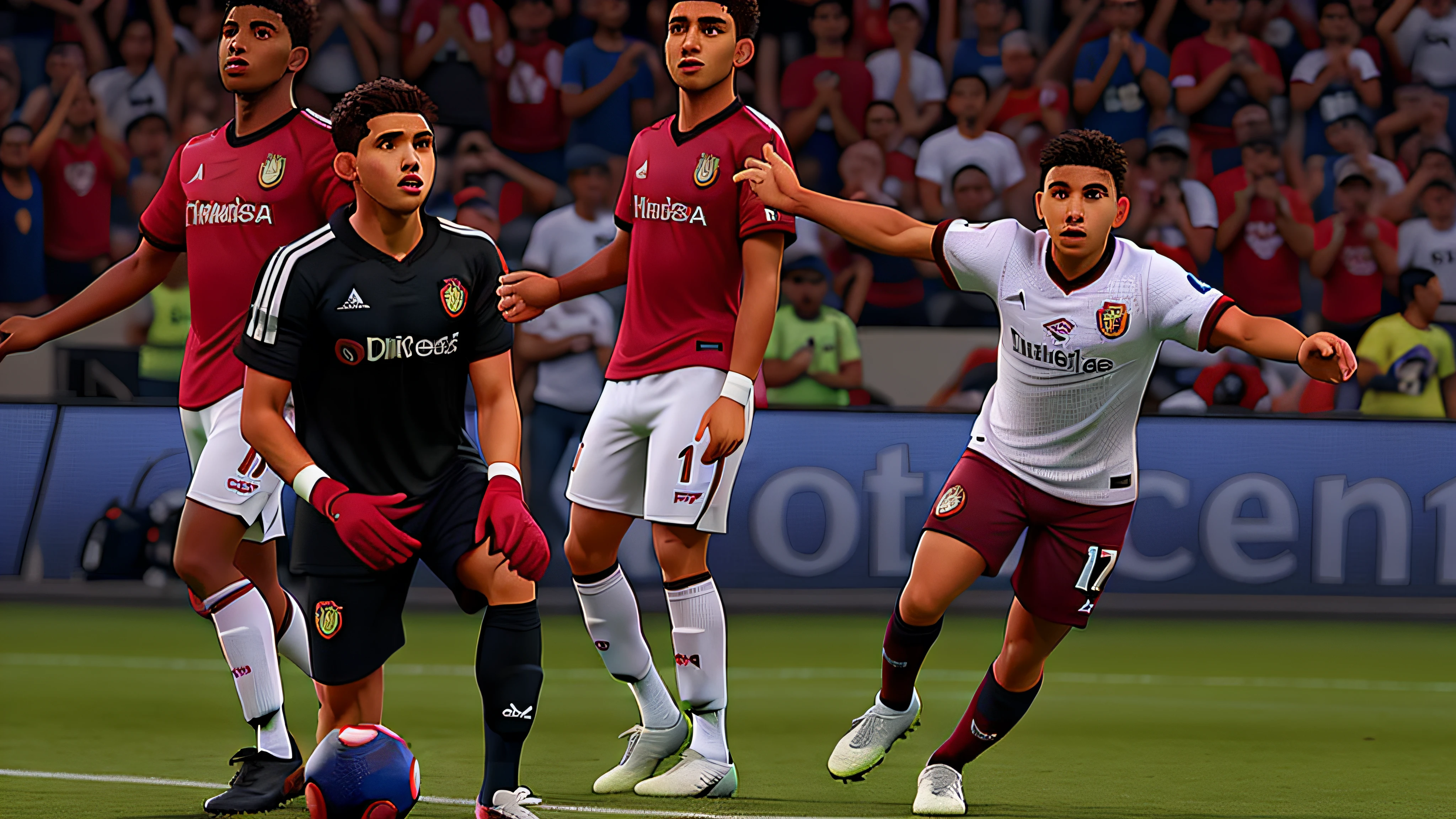 um jogador de futebol com camiseta branca, burgundy shorts and burgundy socks celebrating the goal, com jogadores de futebol de camiseta vermelha, White shorts and white socks behind whining