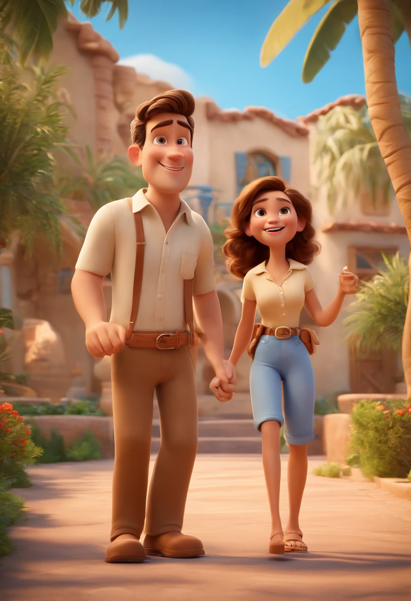 Cartoon of friends having fun on vacation together, 3D Animation Movie Poster, Poster de filme animado, pixar 3 d animation style, pixar renderman rendering, maia 8 mil, animated film, Disney Pixar Estilo 3D, amigos felizes saem juntos, all wearing light blue shirts and cream brown long pants, camisa azul clara, cream brown pants, ao ar livre, vacation, Disney Pixar Animation Poster