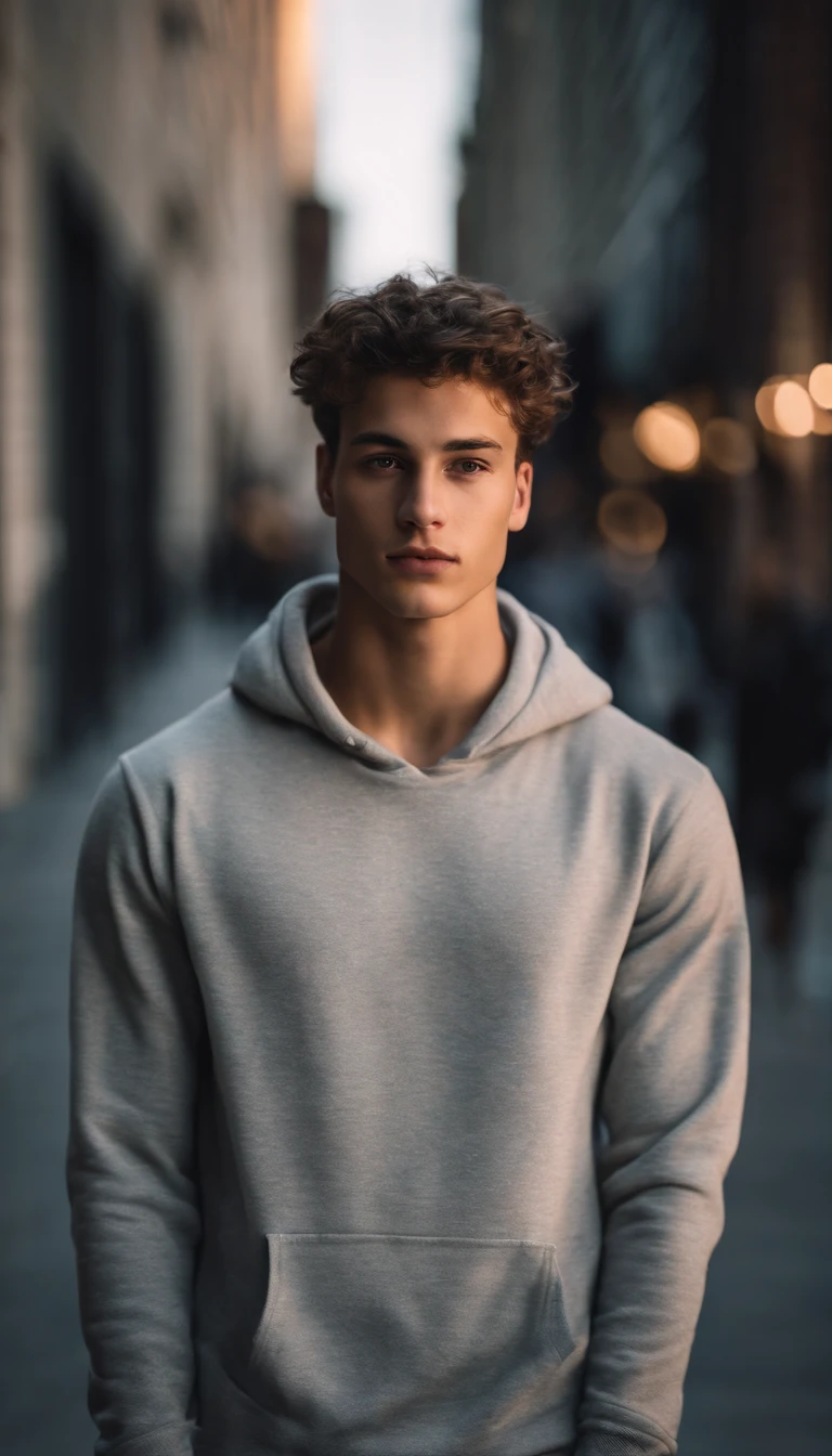 Portrait of a handsome male model in downtown Toronto in the afternoon, 18 ans, hoodie, sans barbe, with short wavy hair, yeux bleus, thick lips