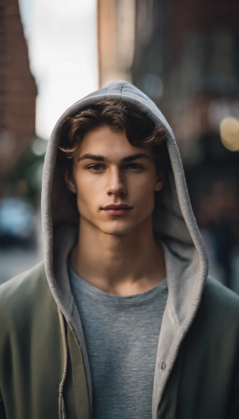 Portrait of a handsome male model in downtown Toronto in the afternoon, 18 ans, hoodie, sans barbe, with short wavy hair, yeux bleus, thick lips