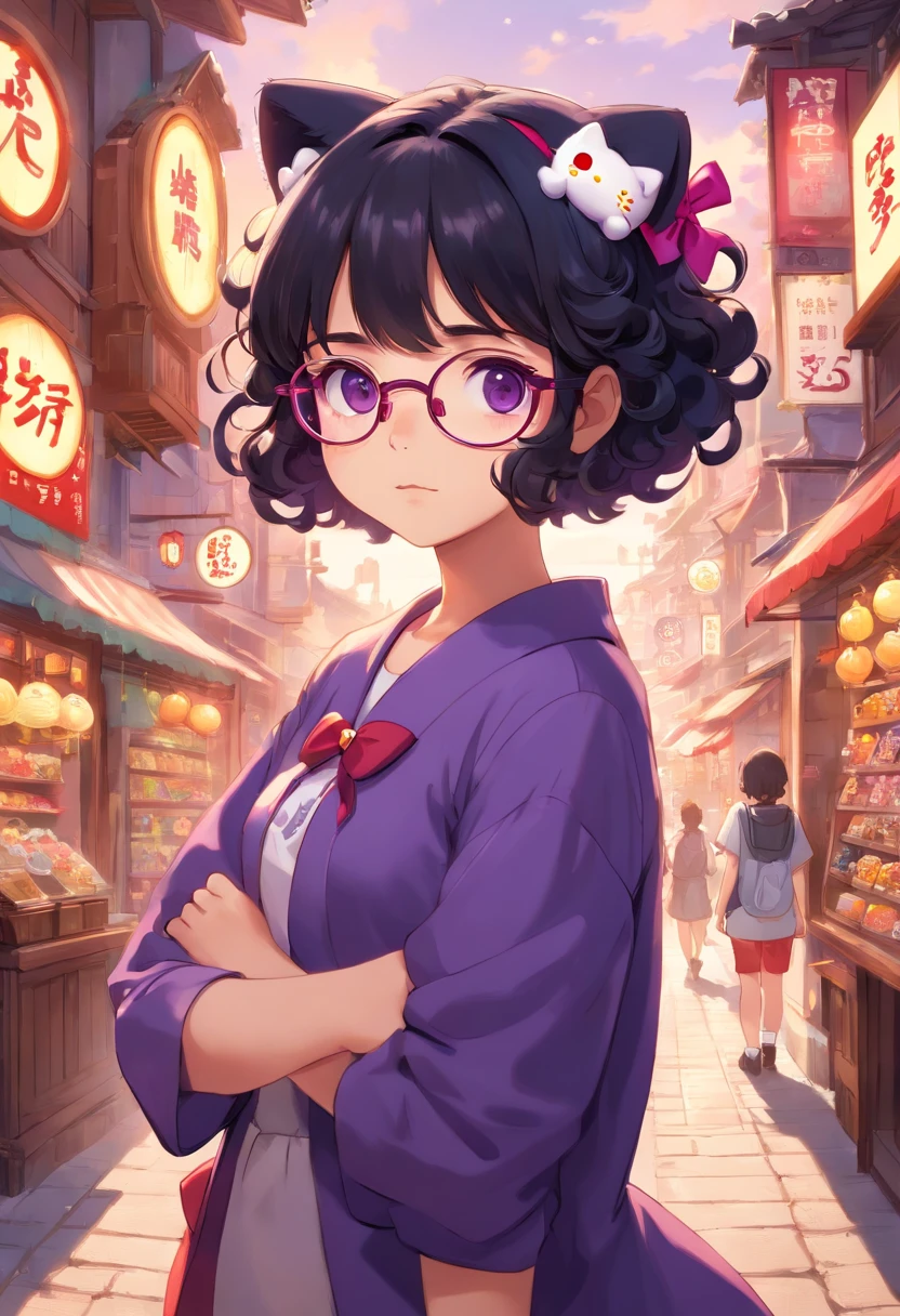 .o girl , Algerian Origin, Black hair, little curly with Purple glasses and brown eyes/ cosplay Hello Kitty