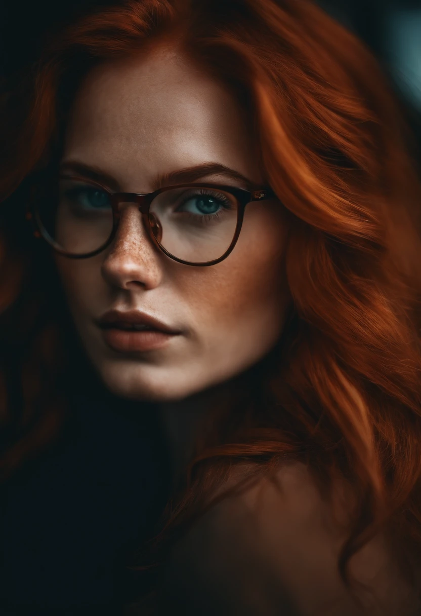 Redhead with dark brown eyes with freckles and wears glasses