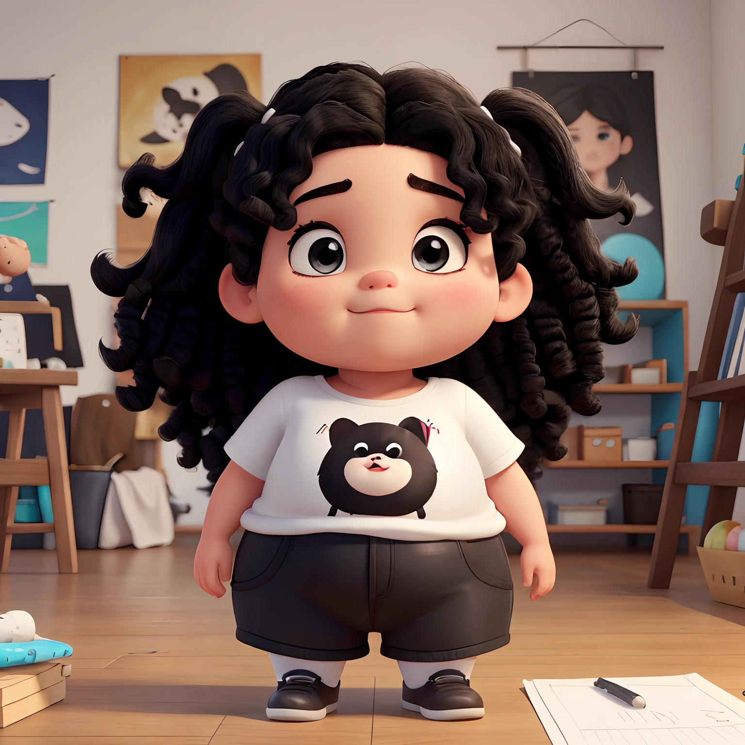 A very fat, very fat, white girl with very curly black hair, does not have bangs in her hair and has black eyes. Usa uma blusa colorida short preto e casaco branco. Fone de ouvido branco. He's in his studio drawing