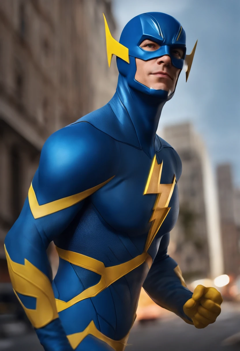 A brave hero wears a cartoon costume with vibrant shades of orange, azul e amarelo. His uniform is covered in pixelated prints., revealing a futuristic and technological design. The hero sports a flowing cape as he surveys the city at night, with illuminated skyscrapers in the background. Bright light effects and color saturation.